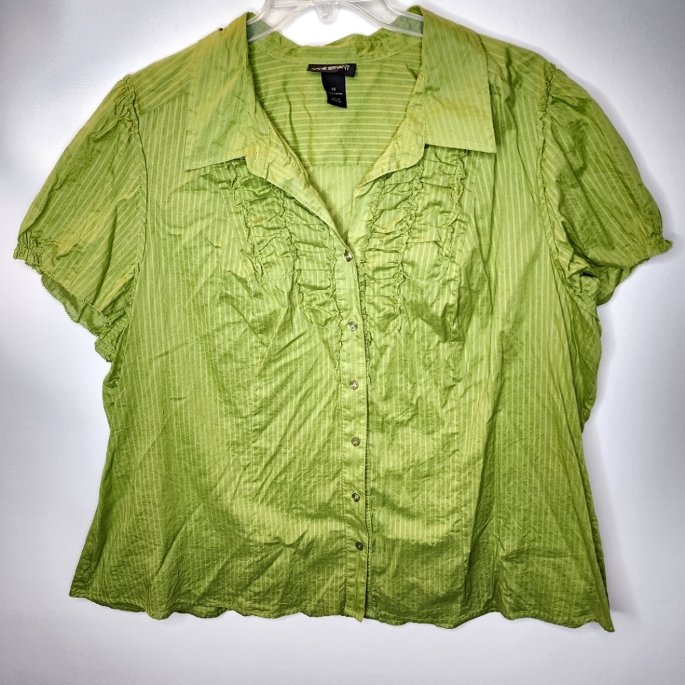 Lane Bryant Blouse Pinstripe Capped Sleeve Green Lightweight Plus Size 26